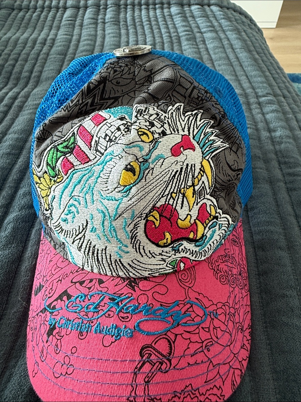 Ed Hardy Blue Mesh Trucker Hat with Pink Brim and Multicolor Tiger